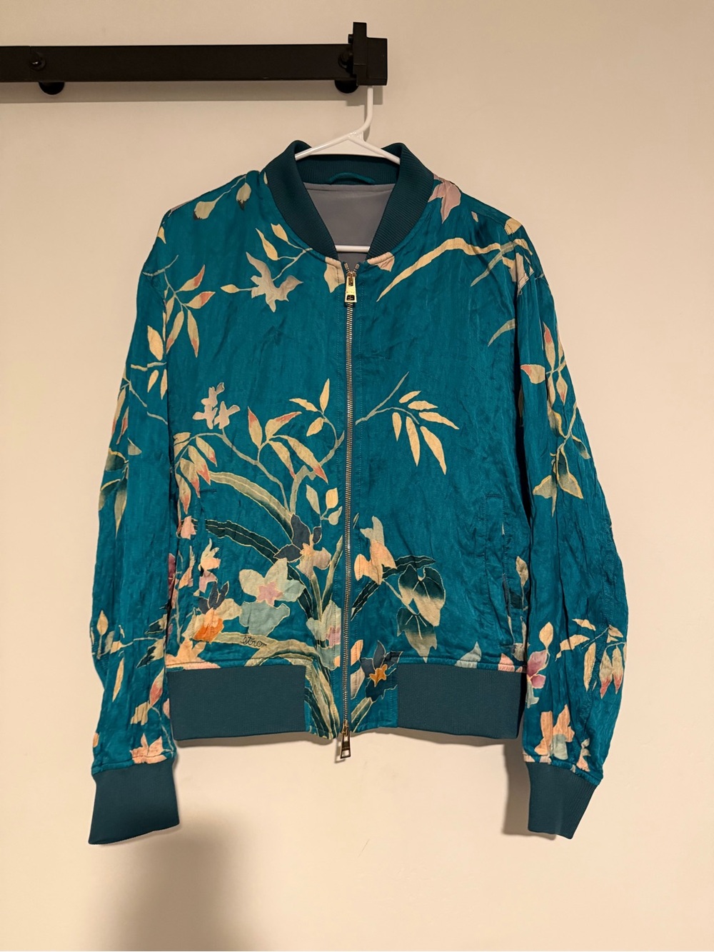 Etro Teal Floral Bomber Jacket with Multicolor Botanical Print